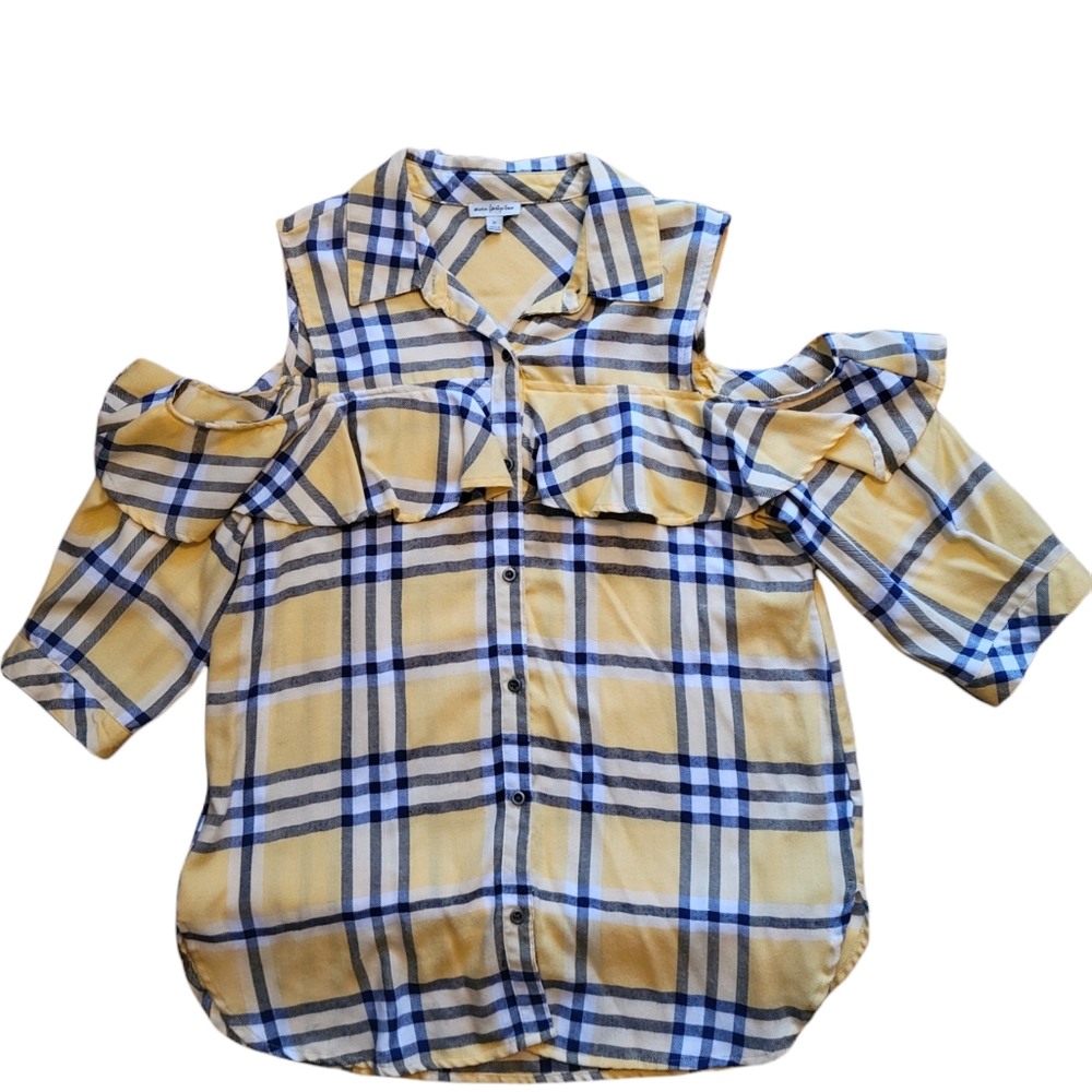 Seven Forty Two Cold Shoulder Yellow & Blue Plaid Top size M
